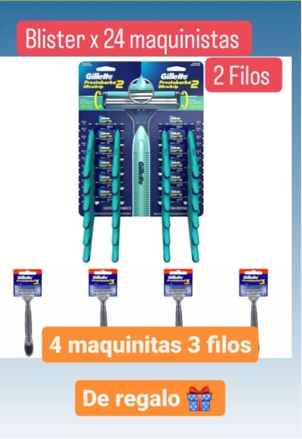 (7000) Maquinita Afeitadora Gillette 24 unidades de 2 filos + 4 Maquinitas de 3 filos de REGALO